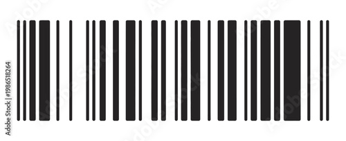 Barcode symbol, fake barcode sample for mockup product labeling, retail packaging concept, minimal black and white vector illustration, transparent background PNG style.