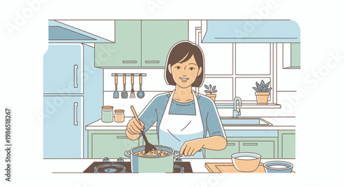 Woman wearing white apron cooking.