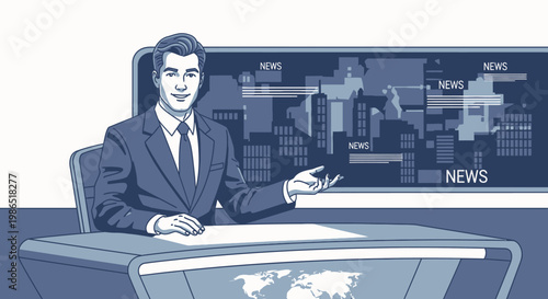 Man in suit sitting at news desk.