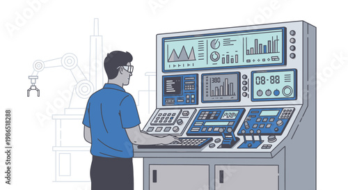 Man operating industrial control panel system.