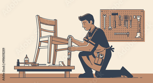 Man working on wooden chair frame.