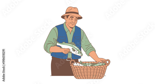 Man holding fish in basket outdoors.