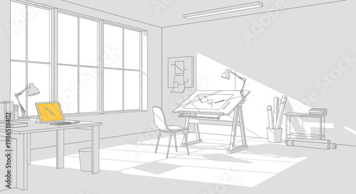 Architectural drafting table with chair.