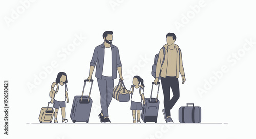 Family walking with luggage together outside.