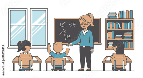 Teacher standing in classroom with students.