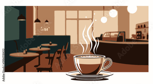 Steaming hot coffee cup on saucer.