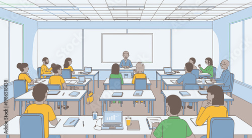 Students sitting at desks in classroom.