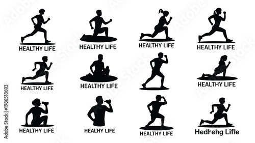Black silhouettes of 12 figures performing various fitness exercises with 'healthy life' text in bold lettering above each figure emphasizing active lifestyle and wellness themes