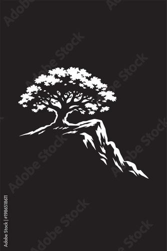 A black and white silhouette of a oak tree on mountain vector with black background