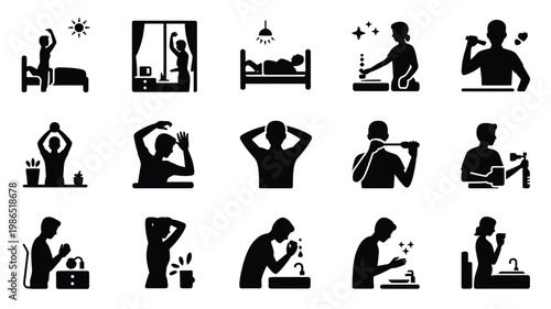 Silhouettes of people performing daily morning routine activities in minimalist black and white icons set for lifestyle concepts