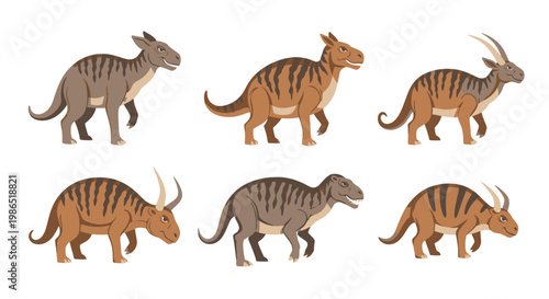 Group of toy dinosaurs walking together.