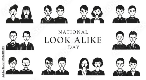 A monochrome vector illustration for National Look Alike Day featuring pairs of people with similar appearances, displayed as side-by-side face comparisons against a clean, white