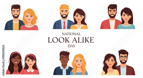 On National Look Alike Day, a vector illustration showcases diverse pairs of people with matching faces, set against a clean white background in a flat lay composition creating a humorous