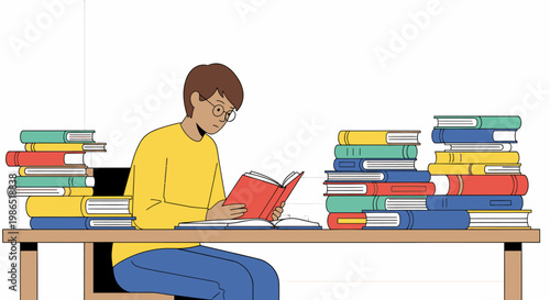 Young man sitting reading book.