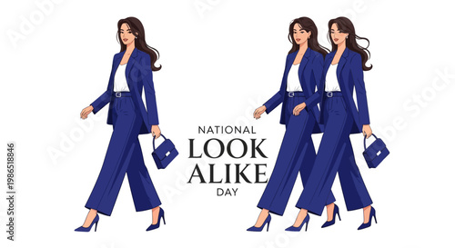 A whimsical illustration celebrating National Look Alike Day, showcasing two sets of women with similar appearance walking side-by-side in matching blue business suits against a clean white