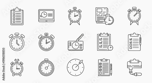 Various clocks and watches icons are shown on a white background