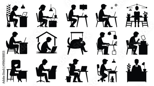 Silhouettes of freelancers working remotely from home in various relaxed postures using computers and devices