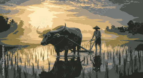 Man plowing field with big ox.