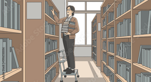 Man pushing library cart with books.