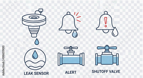 Illustration shows a leak sensor alerting to water leakage with a shutoff valve.
