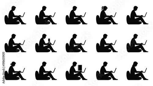 Silhouettes of people working on laptops in a minimalistic black and white style showing various postures of remote work and modern lifestyle