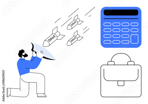 Cybersecurity, data protection, DDoS attacks, IT security, risk management, business operations. Man shielding from DDoS-labeled missiles, calculator briefcase. Cybersecurity and data protection