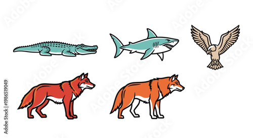 Cartoon animals including shark and fox.