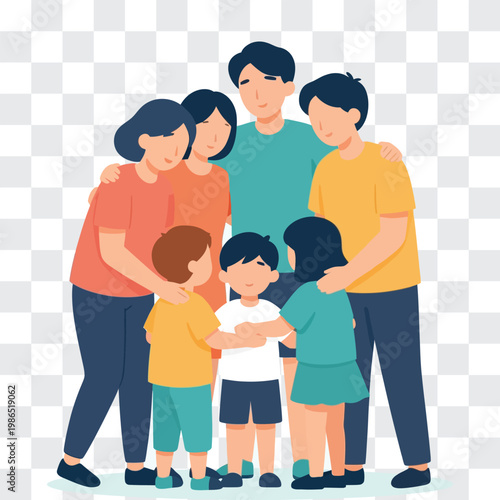 A diverse family of seven standing together in a colorful illustration