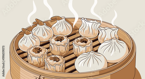 Steamed Dumplings in Bamboo Steamer Basket.