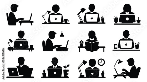Silhouettes of 12 professionals working remotely on laptops in home office settings with desks and minimalist environments