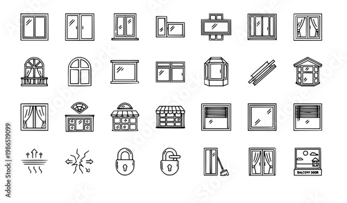 Window Outline Icon Set Sliding Balcony and House Window Thin Line Vector Collection