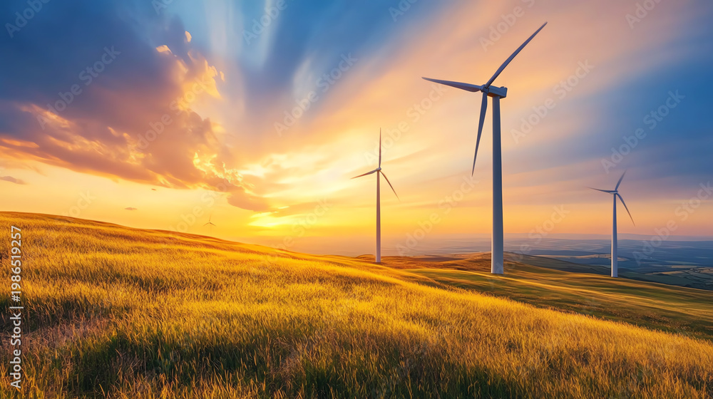 Obraz premium Breathtaking sunset over wind turbines in a lush field, showcasing renewable energy and natural beauty.