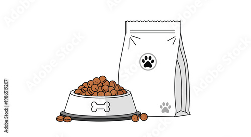Illustration of a pet feeding setup with a bag of kibble and a full bowl of dog food with a bone symbol on a white background.