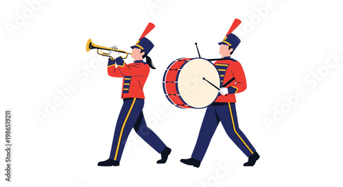 Two marching band members in red and blue uniforms playing a trumpet and a bass drum while walking in a parade on white background.