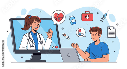 Doctor on computer screen talking to patient.