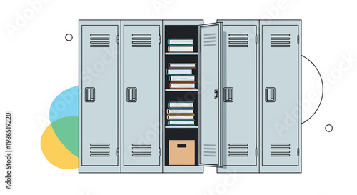 Row of grey school lockers with one open door revealing stacks of books and a storage box on a stylized colorful background.