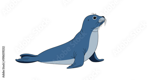Side view illustration of a sleek blue seal with whiskers and big dark eyes posing on a plain white background for marine themes.