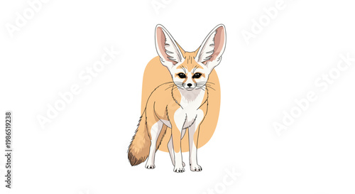 Adorable fennec fox with its characteristic large ears and bushy tail standing alertly in front of a warm orange circle on white.