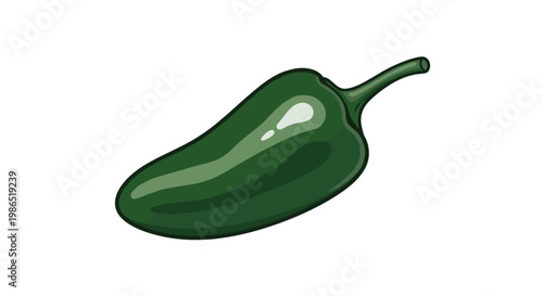Shiny dark green jalapeno pepper with its stem shown in a detailed illustration against a solid white background for cooking.