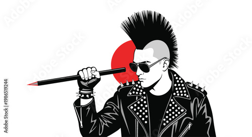 Punk rock man with a black mohawk and studded leather jacket holds a large pencil against a minimalist red sun background.