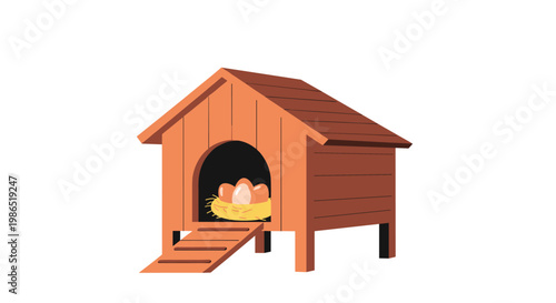 Traditional wooden chicken coop contains several fresh brown eggs nestled in a yellow hay bed within the nesting box area.