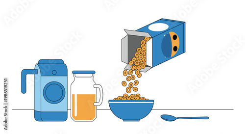 Nutritious breakfast scene featuring crunchy cereal rings pouring into a blue bowl next to a fresh glass of orange juice.