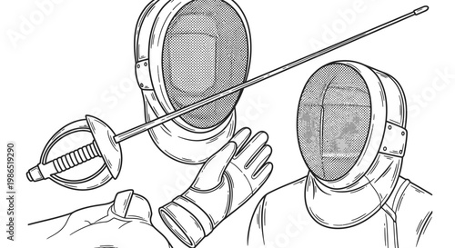 Fencers wearing protective gear face masks.