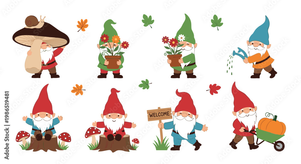 Fototapeta premium Collection of charming garden gnomes in various activities like gardening, holding flowers, and carrying a pumpkin, set on white.