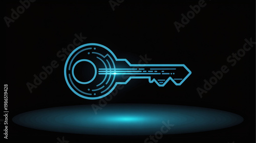 Glowing blue key icon, neon outline key, cybersecurity symbol, illuminated lock key