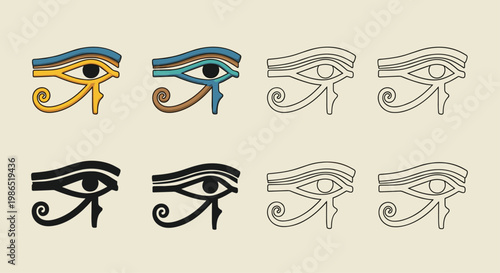 Assorted collection of the eye of horus ancient egyptian symbol in multiple styles including color, solid black, and outlines.