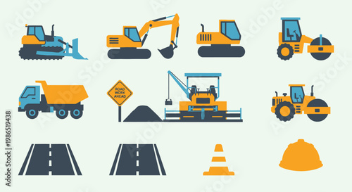 Construction vehicles and road signs icons.