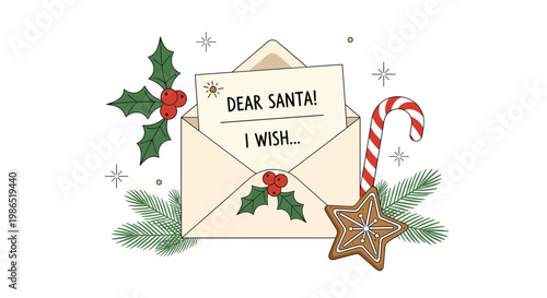 Festive letter to santa claus includes an open envelope with a wish list, candy cane, gingerbread star, and holly berries.
