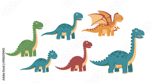 Colorful plastic toy dinosaurs standing together.
