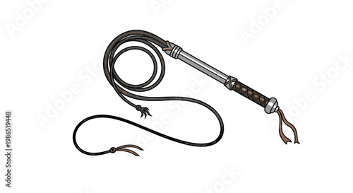 Handcrafted leather whip with a long braided lash and a silver handle is depicted in a detailed illustration style.